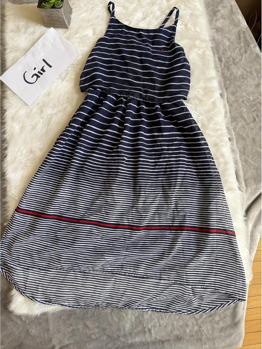 Nautica Navy Blue and White Striped Sleeveless Dress with Red Accent Size 7